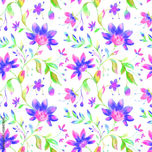 Watercolor floral seamless pattern on white background. Bright folk violet  blue  green flowers  leaves repeat print. Botanical design for wallpaper  fabric  textile  wrapping paper and decoration.