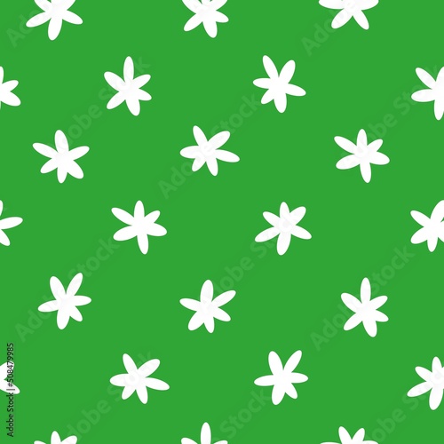 Simple vintage pattern. Cute white flowers. Bright green background. Fashionable print for textiles and wallpaper.