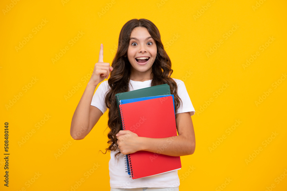 Amazed teen girl. Schoolgirl with copy book posing on isolated background. Literature lesson, grammar school. Intellectual child reader. Excited expression, cheerful and glad. Amazed teen girl. Schoolgirl with copy book posing on isolated background. Literature lesson, grammar school. Intellectual child reader. Excited expression, cheerful and glad.