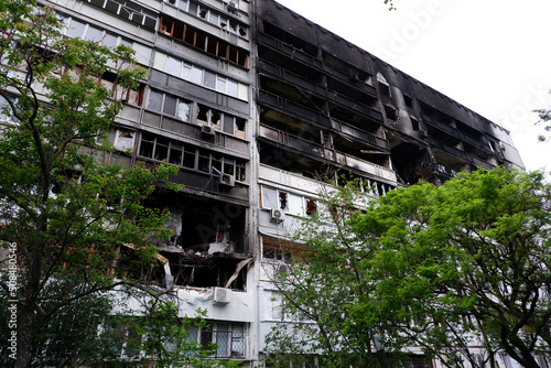 Damaged multi-apartment skyscrapers Russian planes and bombs.