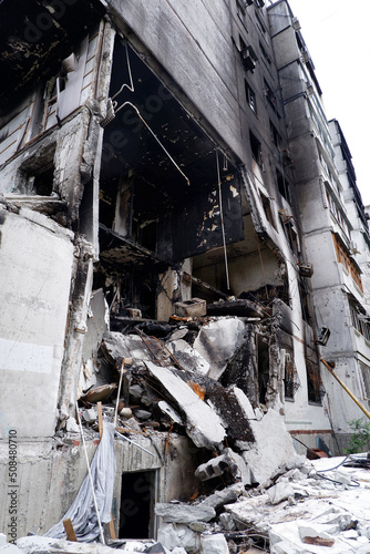Damaged multi-apartment skyscrapers Russian planes and bombs.