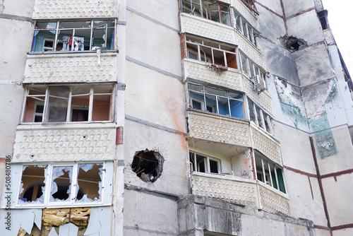 Damaged multi-apartment skyscrapers Russian planes and bombs.