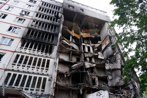 Damaged multi-apartment skyscrapers Russian planes and bombs.