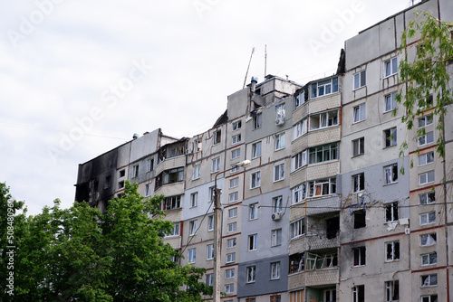 Damaged multi-apartment skyscrapers Russian planes and bombs.