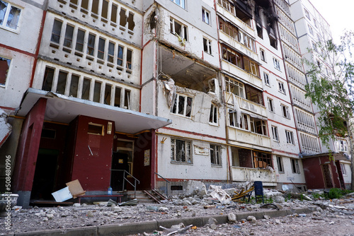 Damaged multi-apartment skyscrapers Russian planes and bombs.