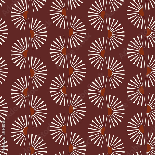 Modern abstract vector seamless pattern with mid-century modern minimalist design: lines of light suns on a dark brown background