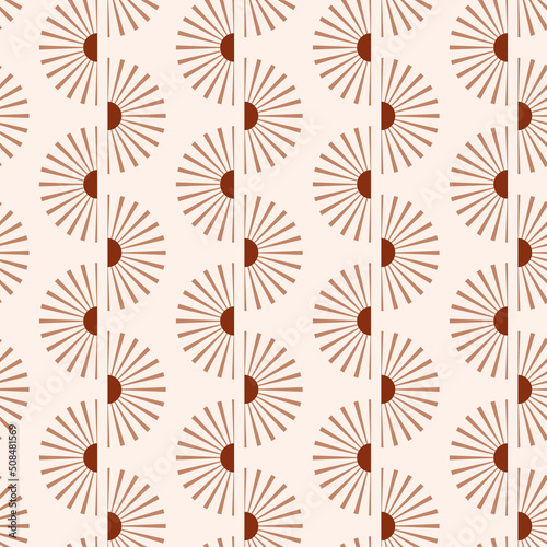 Abstract vector seamless pattern with mid-century modern minimalist design: lines of terracotta suns on a light beige backdrop