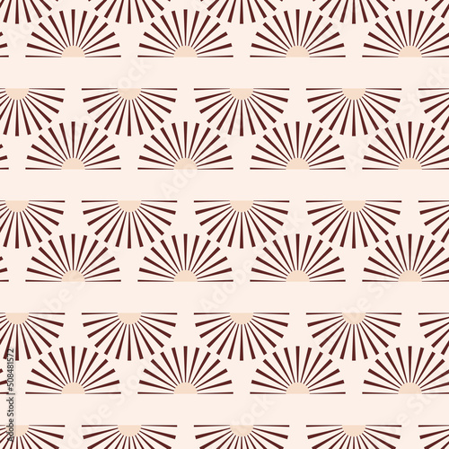Abstract vector seamless pattern with mid-century minimalist design: light suns with dark brown rays. Sunrise or a sunset on a light beige background