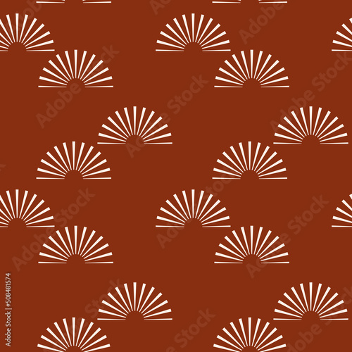 Abstract vector seamless pattern with mid-century minimalist design: terracotta suns with light rays. Sunrise or a sunset on a brown background