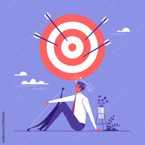 Businessman hit Many arrows missed target mark miss, business challenge failure metaphor, multiple failed inaccurate attempts to hit archery target