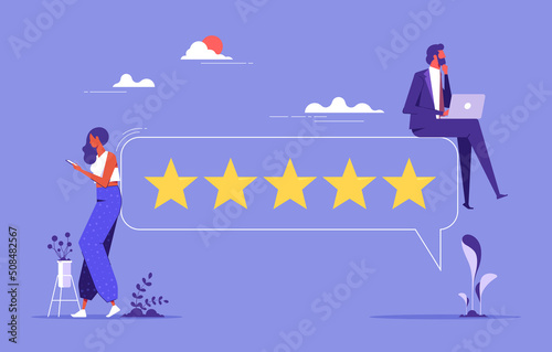 People Characters Giving Five Star Feedback, vector customer review concepts, reviews stars with good and bad rate and text. Vector Illustrations
