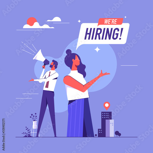 Vector illustration of employer shout in loud speaker and recruit new employees. We are hiring, job vacancy or headhunting, HR managers announce vacancy concept