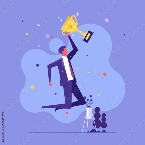 Businessman holding winning trophy jumping high for celebration, celebrate work achievement, success or victory, winning prize or trophy, succeed in business competition concept