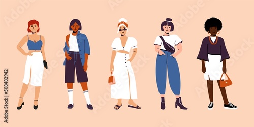 Stylish women characters. Fashionable casual hipster outfits, cartoon flat girls trendsetters. Vector abstract set