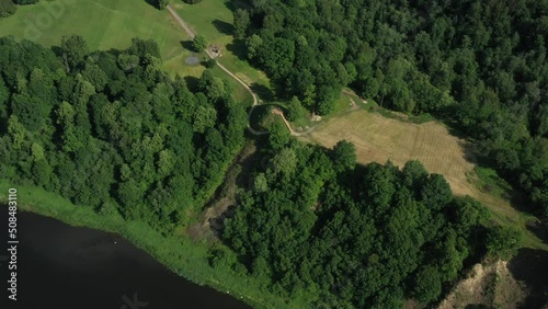 Drone footage video of Punia mound on the bank of river Nemunas in Lithuania photo