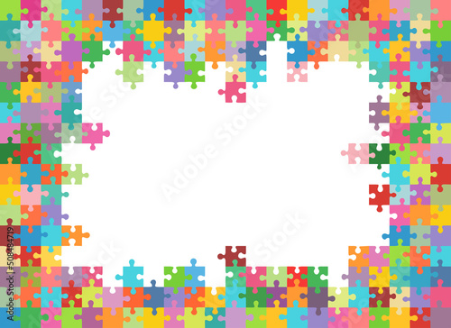 Framing made of a multi color puzzles around the white space. Place for your content. Vector abstract colorful background. 