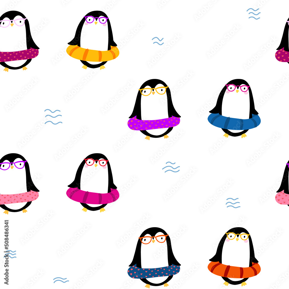 Obraz premium Cute white pattern with penguins relax on the sea, swim in the pool. Pets seamless background. Textiles for children, Digital paper scrapbook.