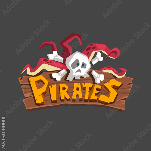 Pirate game logo. Cartoon skull with kraken. Mobile videogame emblem. Funny corsair sign. Gamers clipart. 3d wooden logotype
