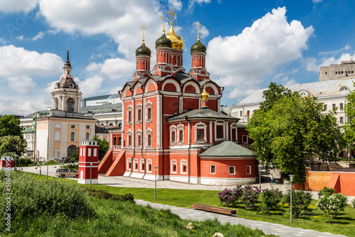 Church of the Icon of the Mother of God the Sign in the historical district of Moscow Zaryadye and  bell tower of the Church of Maxim the Blessed (Maxim the Confessor) on Varvarka. Moscow, Russia