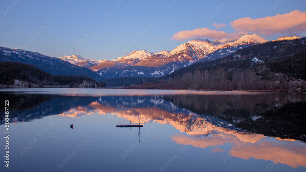 apenglow on the snowy mountains of Green Lake in Whistler, BC