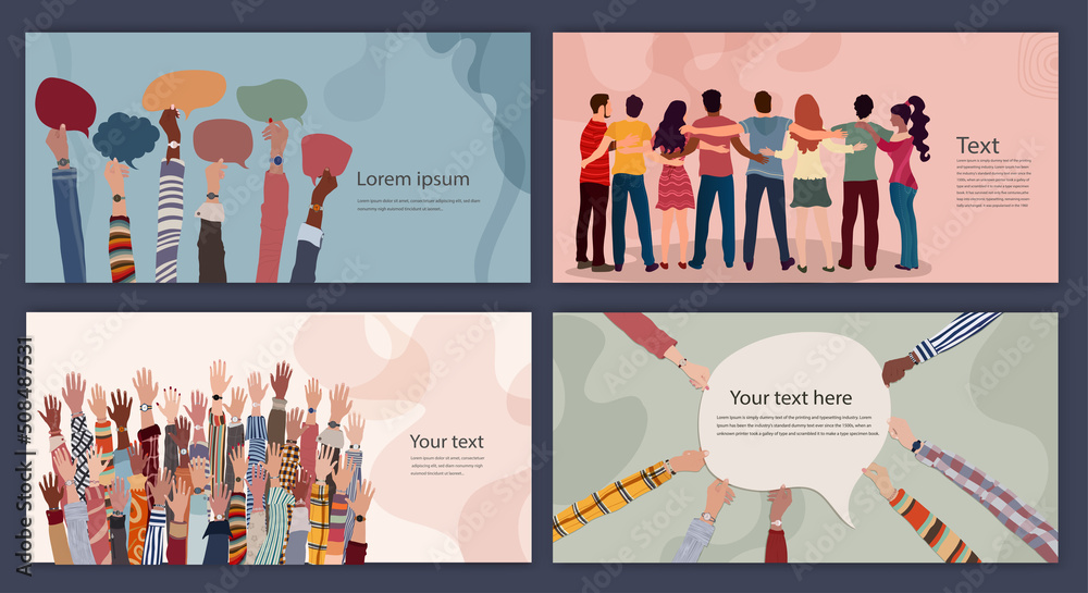 Diversity inclusion and equality concept.Group of people embraced viewed from behind. Raised hands. Hands holding speech bubble.Editable set brochure template flyer cover poster web page