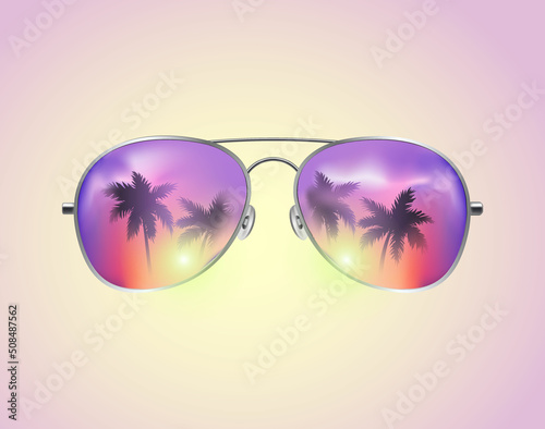 Aviator Sunglasses with Palms Reflection Vector illustration Background. Pink sunset
