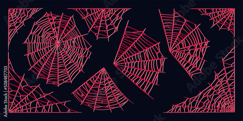Spider web set isolated on dark background. Spooky Halloween red cobwebs. Outline vector illustration