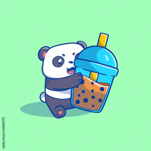 cute illustration of a panda holding a boba drink mascot style