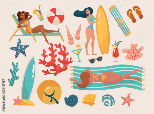 Women and beach activities vector illustrations set. Cartoon girls sunbathing, surfboards, seashells and corals isolated on white background. Summer, vacation or holiday concept
