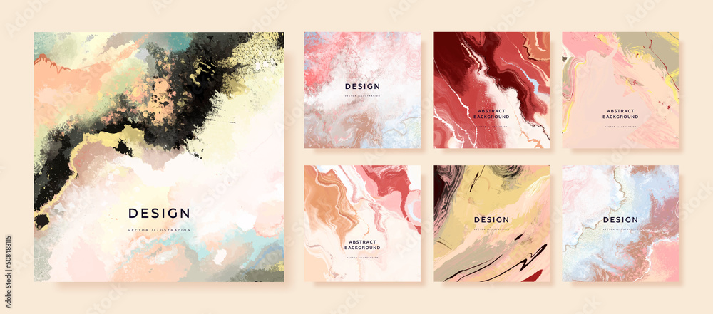 Set of abstract square banner, card or cover design template. Liquid abstract marble painting background print. Vector illustration