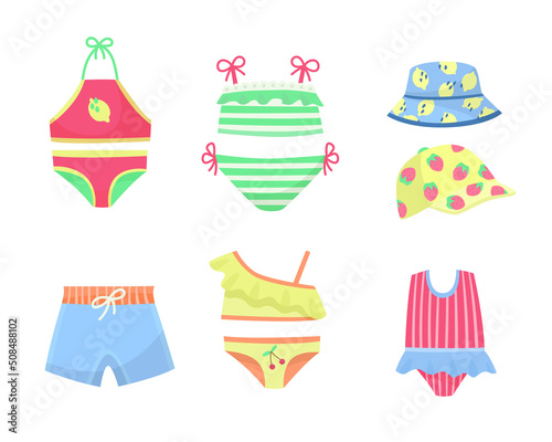 Swimsuits for children vector illustrations set. Collection of cartoon drawings of swimming clothes or swimwear for babies or kids isolated on white background. Summer, fashion, childhood concept