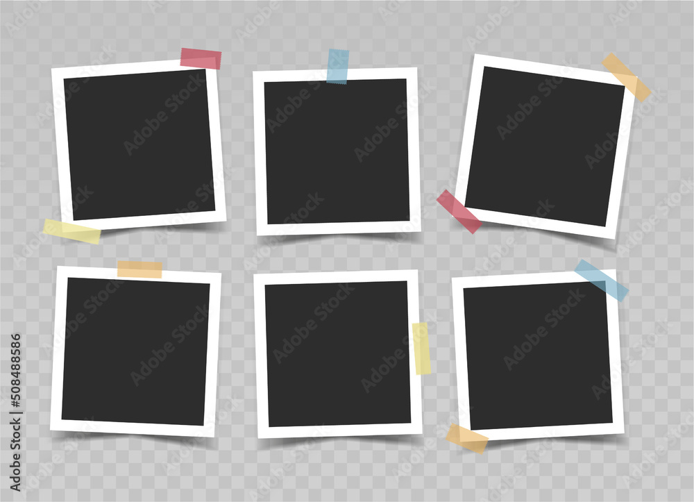 Black photo frames with color sticky tape on transparent background. Vector realistic mockup. Six empty square photo cards with white border. Blank Template for collages and design. EPS10. Black photo frames with color sticky tape on transparent background. Vector realistic mockup. Six empty square photo cards with white border. Blank Template for collages and design. EPS10.