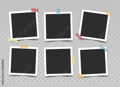 Black photo frames with color sticky tape on transparent background. Vector realistic mockup. Six empty square photo cards with white border. Blank Template for collages and design. EPS10.