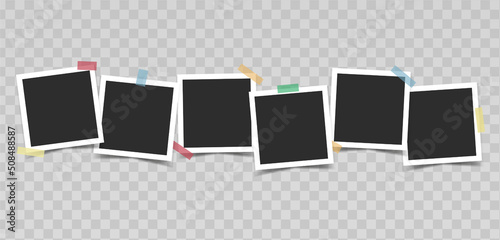 Black photo frames with color adhesive tape on transparent background. Vector realistic mockup. Six empty square photo cards with white border in a row. Blank Template for collages and design. EPS10.