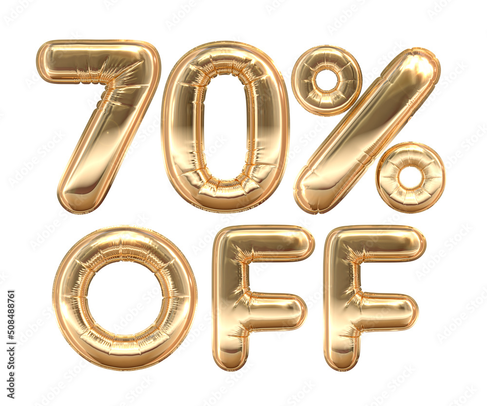 Golden text, 70% off isolated on white background. Off 70 percent. Sales concept. 3d illustration Golden text, 70% off isolated on white background. Off 70 percent. Sales concept. 3d illustration