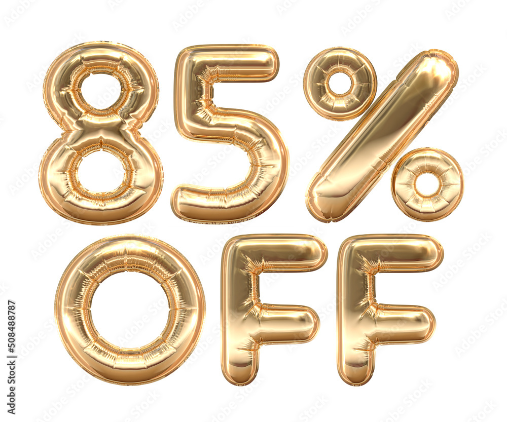 Golden text, 85% off isolated on white background. Off 85 percent. Sales concept. 3d illustration Golden text, 85% off isolated on white background. Off 85 percent. Sales concept. 3d illustration