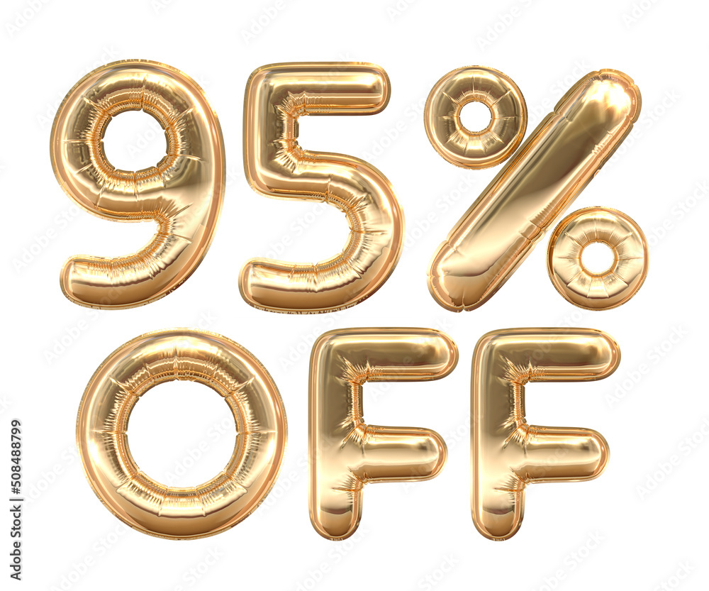 Golden text, 95% off isolated on white background. Off 95 percent. Sales concept. 3d illustration Golden text, 95% off isolated on white background. Off 95 percent. Sales concept. 3d illustration