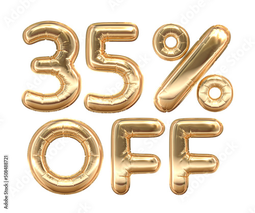 Golden text, 35% off isolated on white background. Off 35 percent. Sales concept. 3d illustration