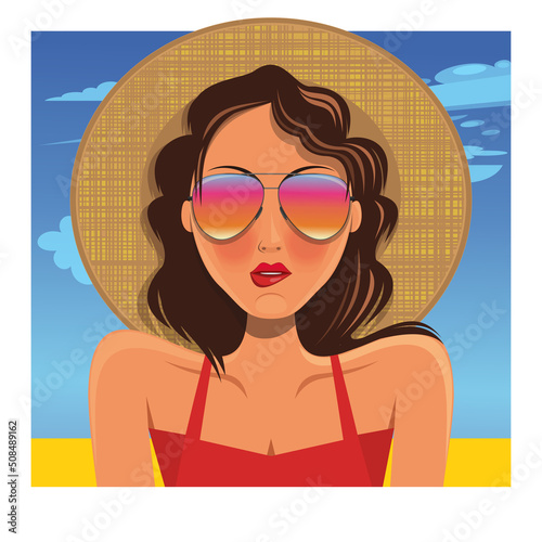 Girl in a straw hat on the background of a wheat field. Vector illustration