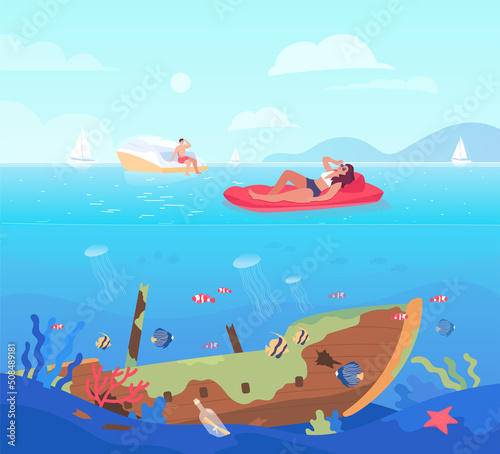 Cartoon people relaxing at sea and sunken boat underwater. Shipwreck, ship on bottom of ocean flat vector illustration. Exploration, summer, vacation, adventure concept for banner or landing web page © PCH.Vector