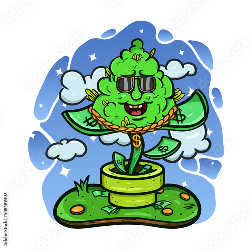 Cartoon Mascot Of  Weed Bud Plant with Money.