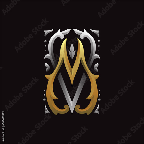 letter MV or VM illustration with highlight and shadow color classic style