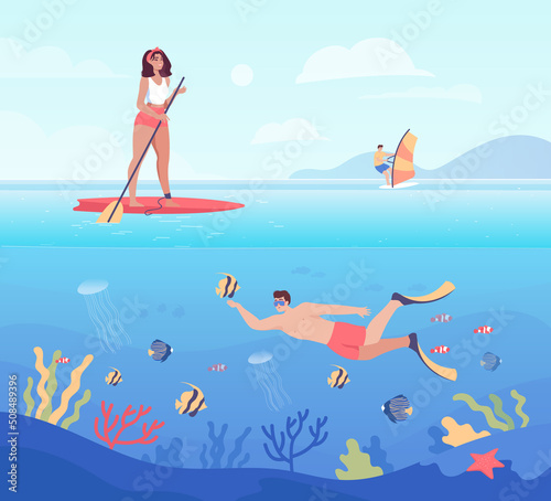 Cartoon people doing different water sports at sea. Woman SUP surfing, man diving, person windsurfing flat vector illustration. Summer, vacation concept for banner, website design or landing web page