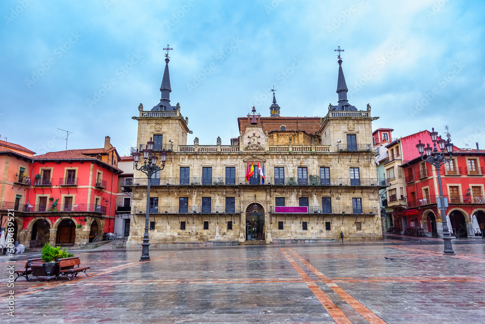 Main square of the old city with its town hall in neoclassical style, Leon Spain.