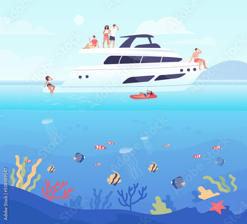 Cartoon friends in swimsuits relaxing and sunbathing on yacht. Happy people having party at sea flat vector illustration. Summer, vacation concept for banner, website design or landing web page