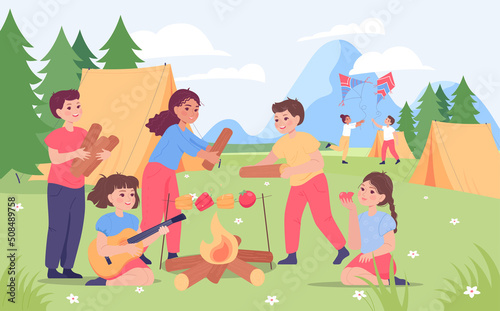 Cute children at summer camp in mountains. Happy boys and girls making friends  bringing wood for campfire flat vector illustration. Environment  leisure  camping concept for banner or landing page