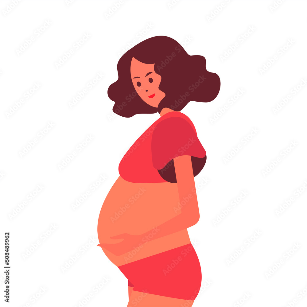 Cute pregnant woman with long hair on a background of blue leaves. The concept of pregnancy, motherhood, family. Flat design with copy space. Happy mum. Pregnant belly side view. Stock vector illustra Cute pregnant woman with long hair on a background of blue leaves. The concept of pregnancy, motherhood, family. Flat design with copy space. Happy mum. Pregnant belly side view. Stock vector illustra