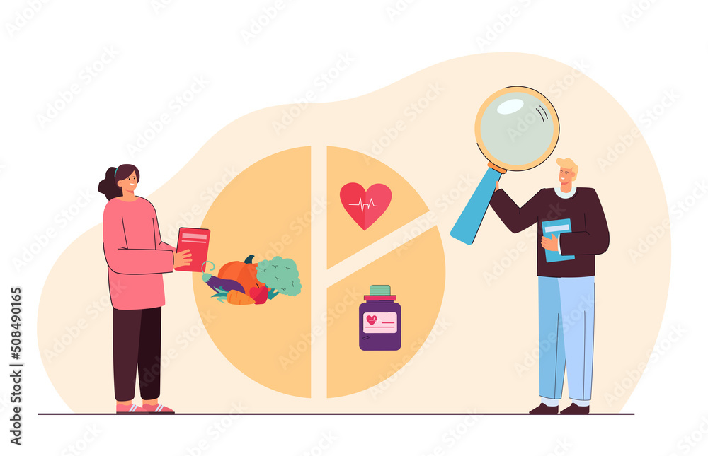 Diagram with food and medicine and woman consulting nutritionist. Person getting health and nutrition advice flat vector illustration. Healthy lifestyle, diet concept for banner or landing web page