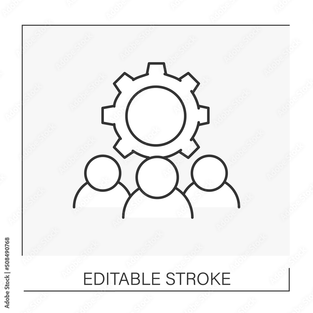 Workers line icon. Coworkers with a cogwheel symbol. Settings and configurations. Business concept. Isolated vector illustration. Editable stroke Workers line icon. Coworkers with a cogwheel symbol. Settings and configurations. Business concept. Isolated vector illustration. Editable stroke