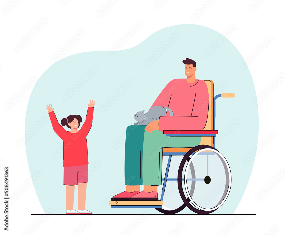 Cartoon daughter and father in wheelchair with cute cat on lap. Man with physical disability, happy girl flat vector illustration. Pets, love, care, disability, family concept for banner, landing page Cartoon daughter and father in wheelchair with cute cat on lap. Man with physical disability, happy girl flat vector illustration. Pets, love, care, disability, family concept for banner, landing page